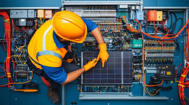 An electrician installs a solar panel in a control system, showcasing expertise in renewable energy technology.