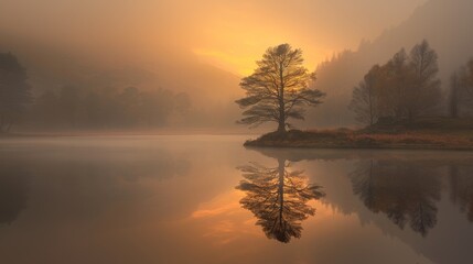Fototapeta premium Reflected Tree in Misty Lake at Sunset