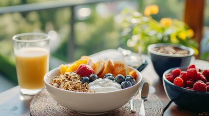 A breakfast spread on a balcony table, with fresh fruit, yogurt, and granola, overlooking a peaceful landscape