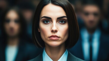 A confident woman stands at the forefront, gazing directly, surrounded by a group of indistinct figures in suits, conveying a powerful and professional atmosphere.