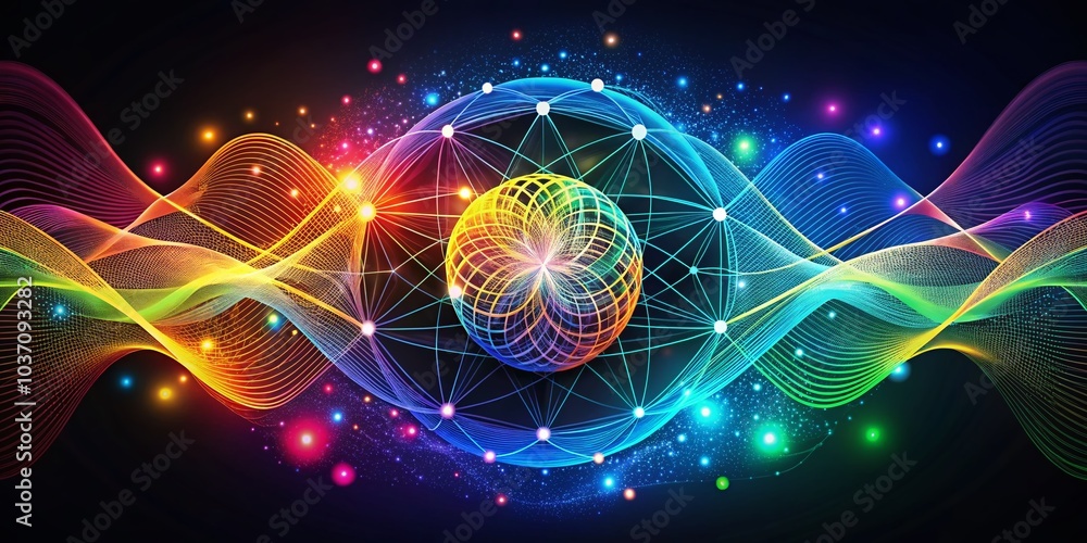 Poster abstract colorful logo design featuring lines and dots representing universal waves and scientific c