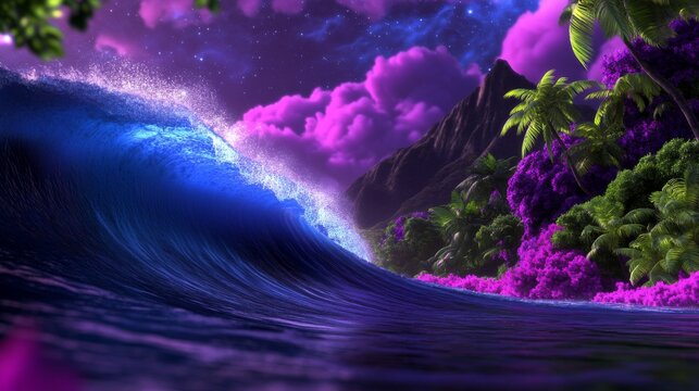 Vibrant Ocean Wave Crashing Under Mystical Purple Clouds and Palm Trees Generative AI