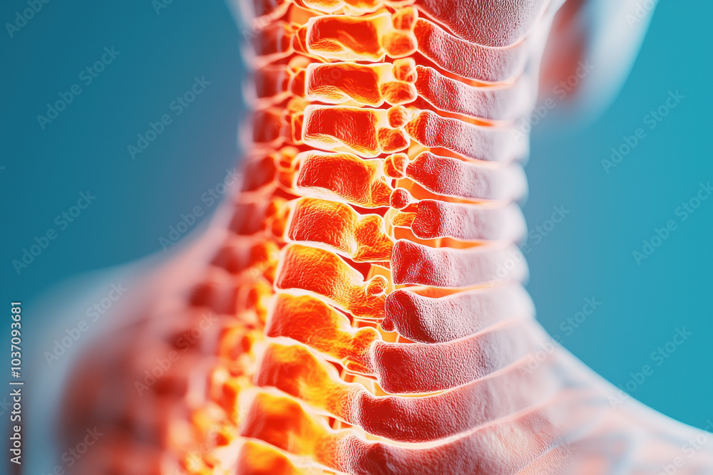 Poster A detailed close-up of a human spine, illuminated in vivid colors, highlighting its structure and curves against a gradient background.