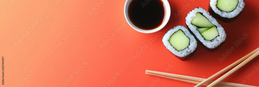 Aufkleber enjoy fresh japanese sushi rolls filled with cucumber, paired with a bowl of soy sauce and chopstick