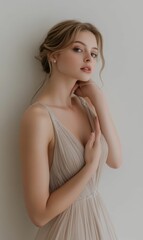 Naklejka premium Woman in a beige dress looking at camera.