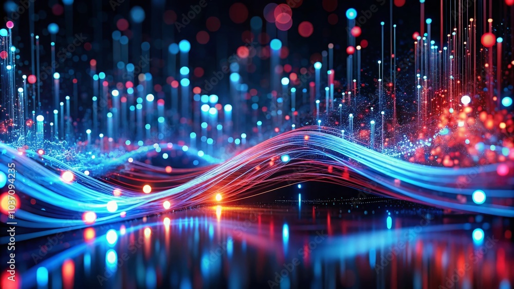 Poster abstract digital data stream in blue and red - futuristic technology visualization