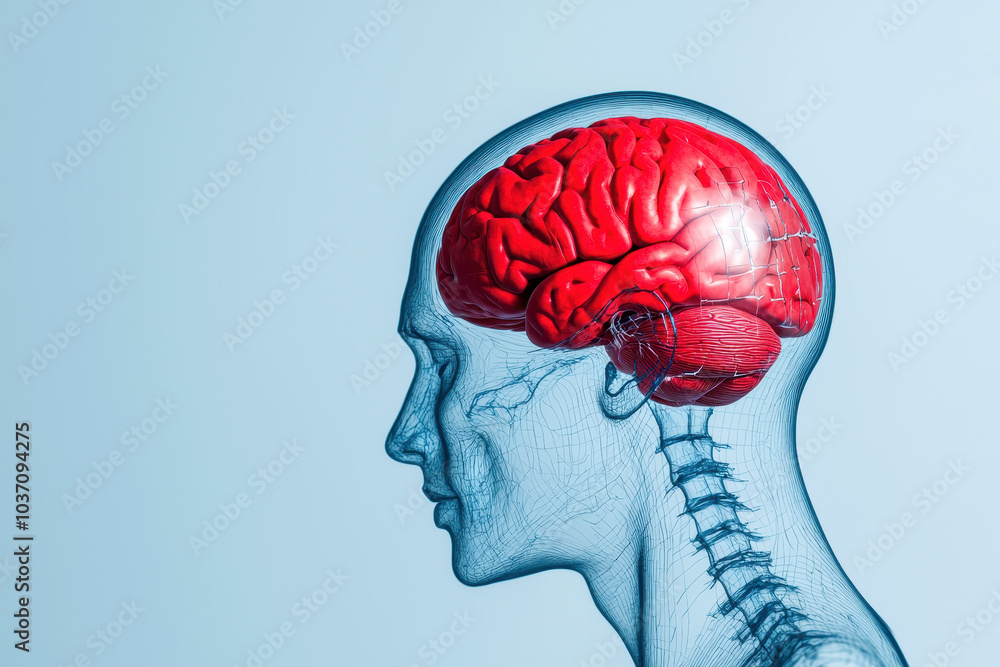 Aufkleber a digital representation of a human head in profile, featuring a bright red brain, with a translucen