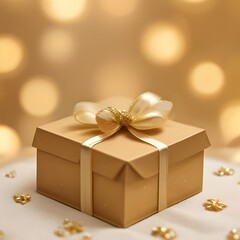 Golden gift box isolated on blurred bokeh background. Christmas and New Year concept.