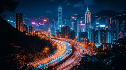 A night view of a bustling city with a highway leading into the distance.