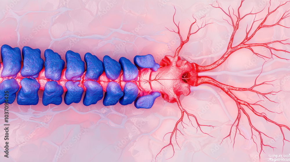 Poster an artistic representation of the spine, depicted in vibrant blue and red, showcasing the anatomy an