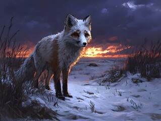 Obraz premium A majestic red fox stands in a snowy landscape under a dramatic sunset, showcasing its vibrant fur against the twilight sky.