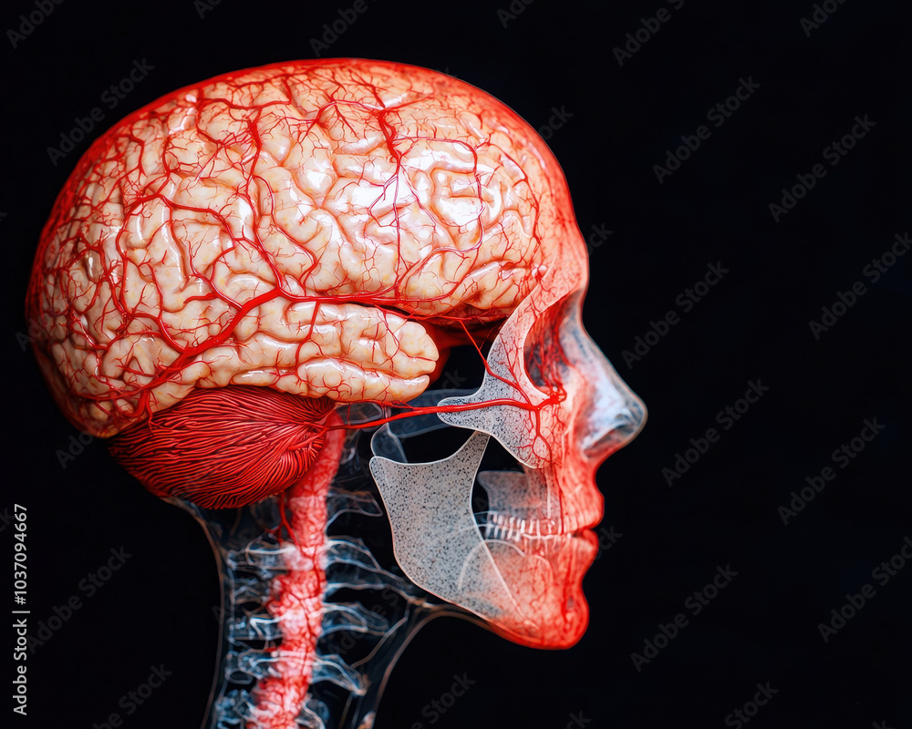 Poster a detailed depiction of a human head showcasing the brain and facial structure with vibrant vascular