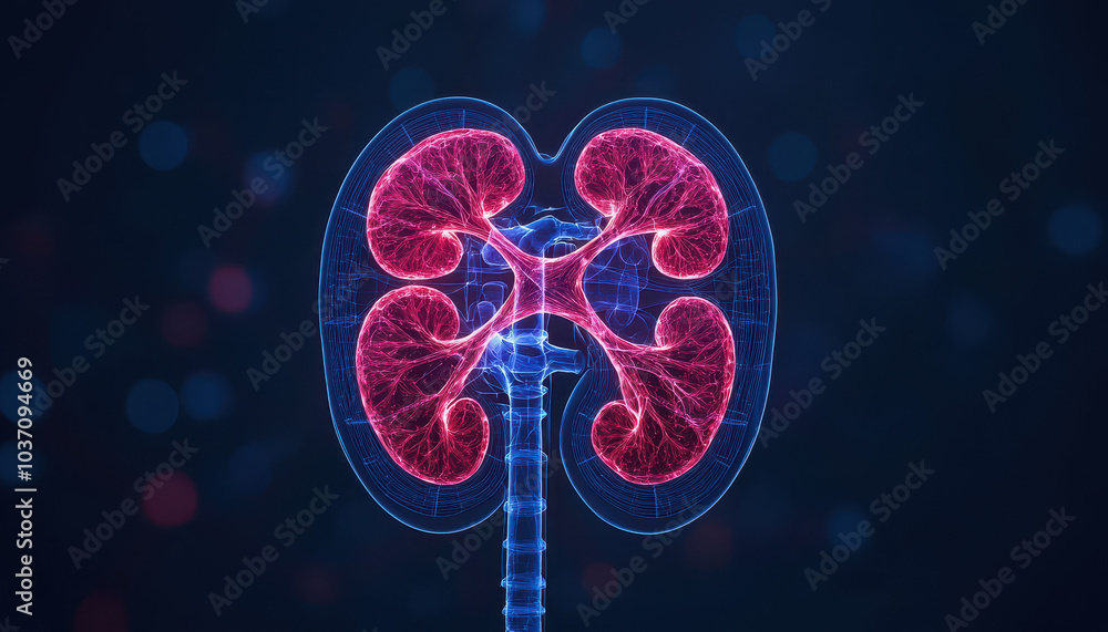 Poster a vibrant digital depiction of human kidneys, showcasing intricate structures and neon colors agains