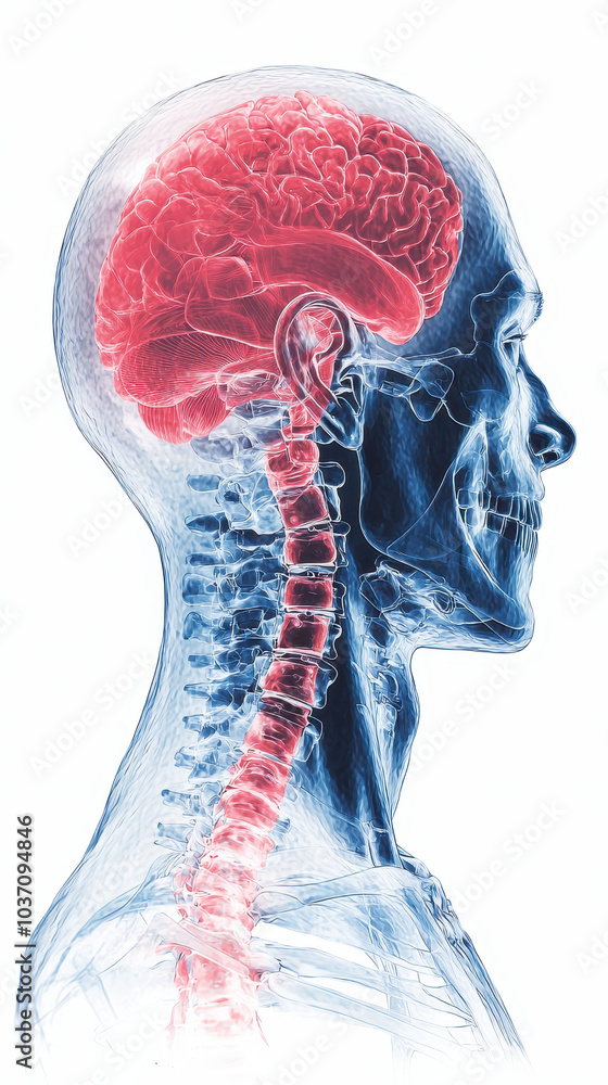 Poster Illustrative representation of a human head with a visible brain and spinal cord, highlighting anatomical structures in a semi-transparent style.