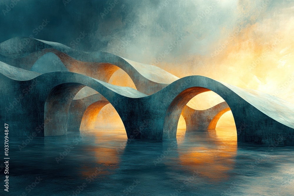 Poster abstract architectural structures with flowing curves over a reflective surface and dramatic lightin