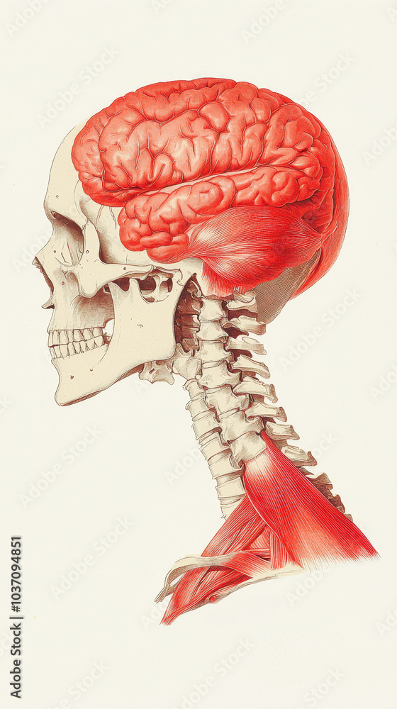 Aufkleber an anatomical illustration showing a side view of a human skull, highlighting the brain and spinal s