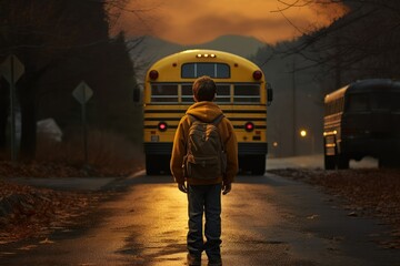 A young boy in a backpack stands on a road as the school bus departs with a beautiful sunset illuminating the surroundings and trees