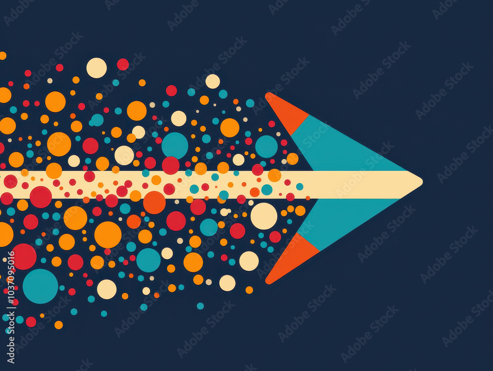 Poster a vibrant arrow points forward, surrounded by colorful dots, symbolizing dynamic movement and creati