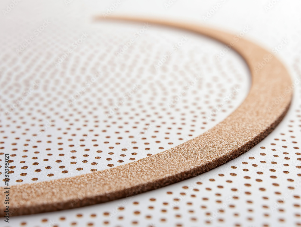 Poster A curved cork strip is laid over a textured white surface with small dots, creating a minimalist and modern aesthetic.