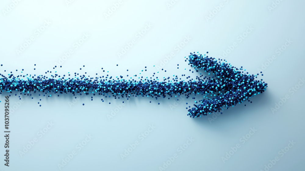 Poster A dynamic blue particle arrow points right, symbolizing direction, movement, and progress against a light background.