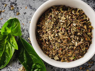 Fresh Green Basil and Dried Spices Isolated for Italian Pesto Ingredients Vegetarian Culinary