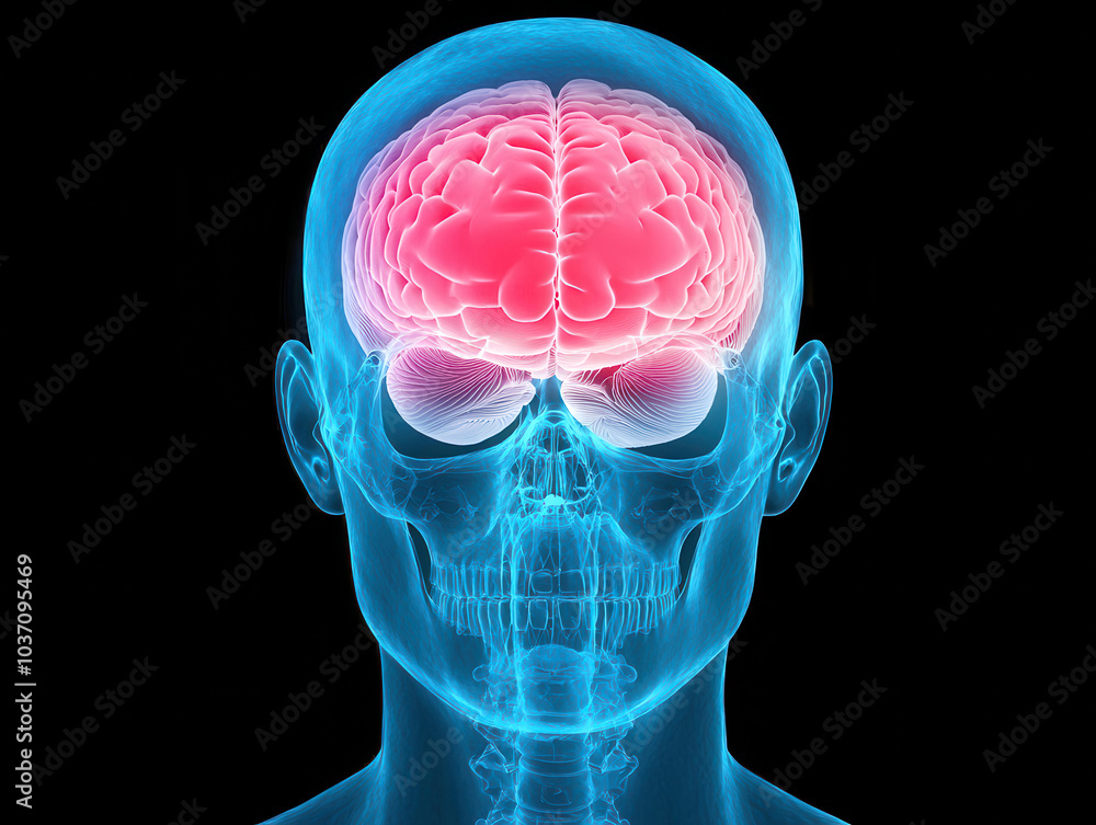 Poster A digital illustration showing a transparent head with a highlighted brain, emphasizing the structure and function of the human brain.