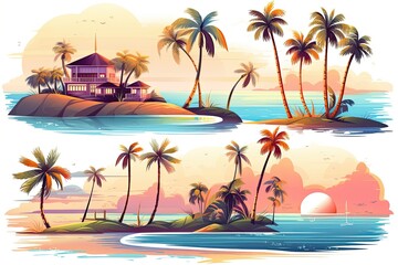 Obraz premium This summer beach scene showcases swaying palm trees by the water as the sun sets behind distant hills creating a serene atmosphere