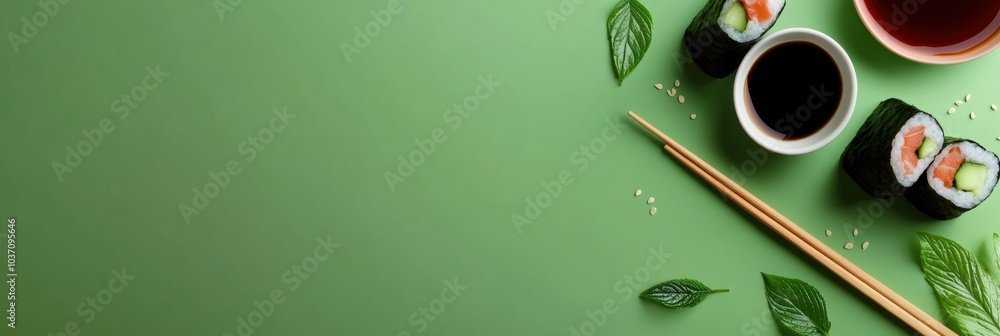 Poster a delicious sushi roll featuring cucumber is paired with soy sauce and chopsticks on a colorful gree