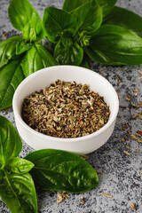 Fresh Green Basil and Dried Spices Isolated for Italian Pesto Ingredients Vegetarian Culinary