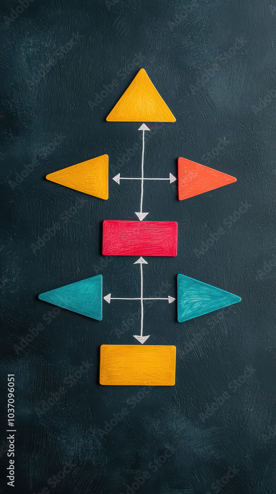 Poster an abstract diagram made of colorful geometric shapes, depicting a flow or process on a dark backgro