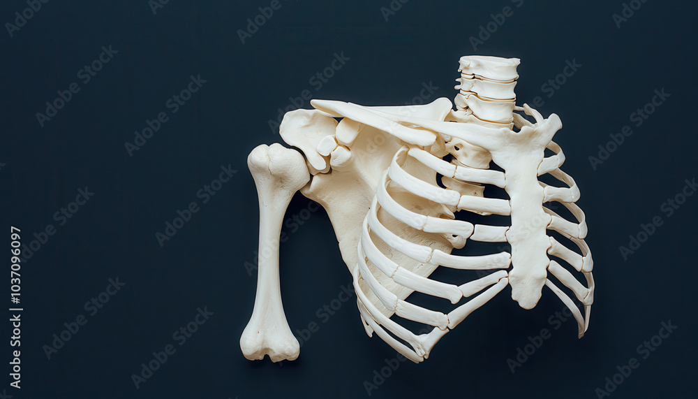 Poster a close-up view of a human skeleton's upper torso, featuring the ribs and shoulder bone against a da