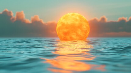 Obraz premium Surreal Sunset Over The Ocean With A Giant Orange Sun In The Sky, Abstract Art, Minimalist Nature, 3D Illustration, Abstract Background, Digital Art.