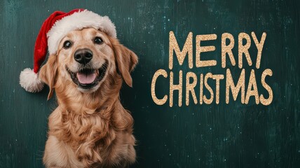 A festive dog wearing a Santa hat smiles beside the words "MERRY CHRISTMAS," embodying holiday joy and cheer.