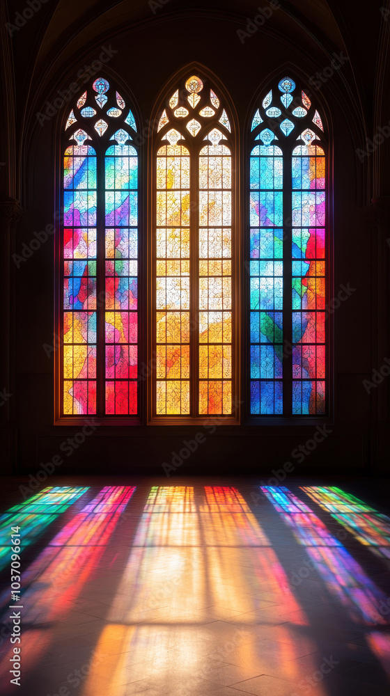 Poster a vibrant stained glass window casts colorful patterns on the floor, creating a serene and artistic 