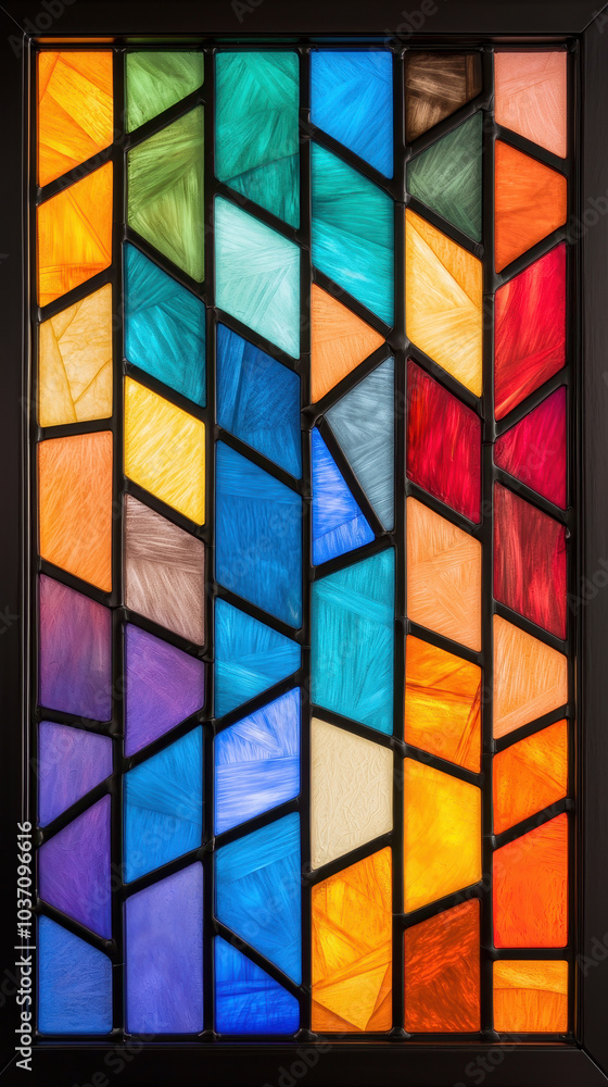 Poster A vibrant stained glass panel featuring geometric patterns and a rich palette of colors, creating a stunning visual display.