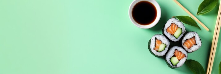 Fototapeta premium A delicious sushi roll filled with cucumber is paired with a soy sauce bowl and chopsticks, set against a colorful background. Generative AI