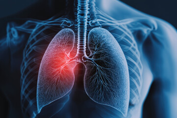 An anatomical illustration depicting human lungs with a highlighted red area, indicating inflammation or disease.