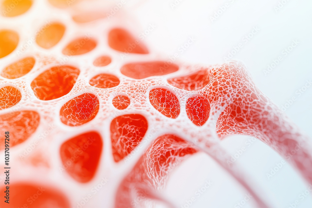 Poster A vibrant, abstract close-up of a textured, bubble-like structure in orange and white, showcasing intricate patterns and colors.