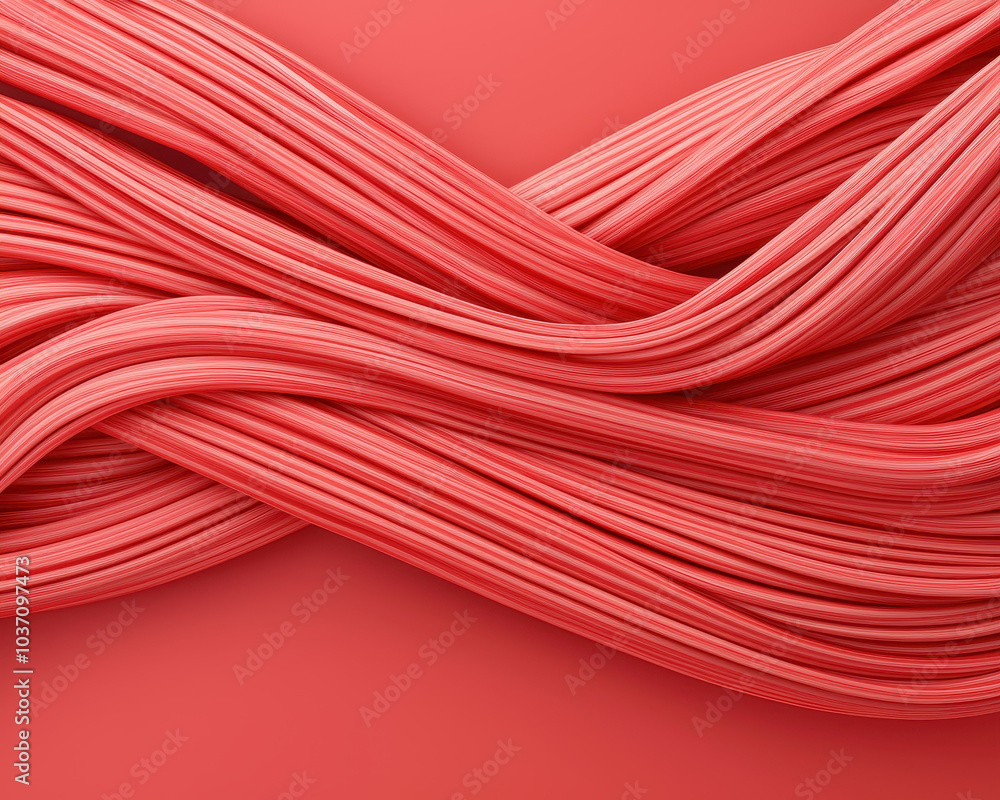Poster A vibrant arrangement of coral-colored cords intertwined against a matching background, creating a visually appealing texture.