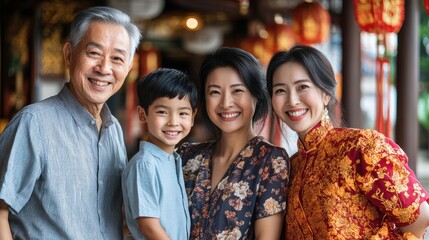An Asian family business celebrating a milestone, with multiple generations gathered in a welcoming, traditional business setting.