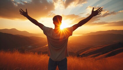 Happy man thinking felling ambitious empowerment energy vision on moutain background. Christian prayer love freedom worship praise God. Strength courage self confidence good for yourself concept
