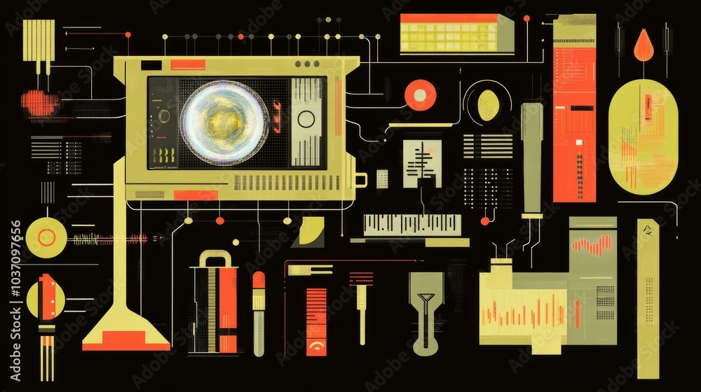 Poster abstract illustration with futuristic interface elements and connected lines.