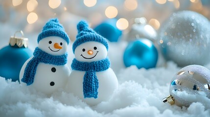 Greeting horizontal card, banner, or poster for Christmas and New Year featuring cute snowmen and Christmas tree toys in blue tones, perfect for a festive and cool design.