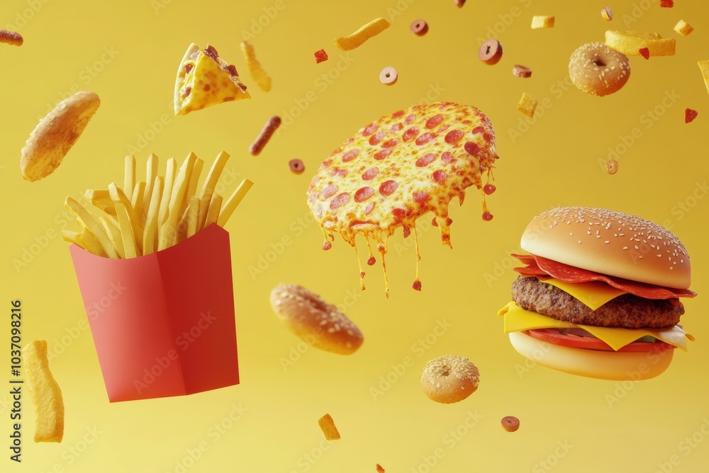 Poster Stylized abstract representations of popular fast food items float against a bright yellow background, creating a fun and appetizing atmosphere. Generative AI