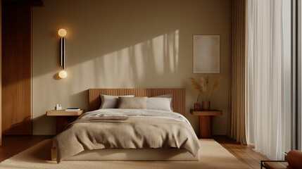 A clean, neutral-toned bedroom with a white bedspread, minimal furniture, and a single plant in the corner, bathed in soft light from large windows.
