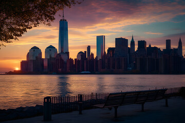 Sunset view of lower Manhattan from Jersey City waterfront, New York, New York, USA