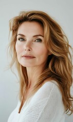 Fototapeta premium A woman with long blonde hair and a white sweater.