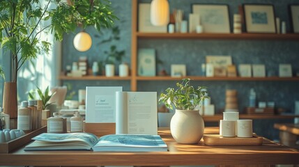 An Asian travel company curating wellness retreats, with brochures of spa resorts, meditation centers, and yoga retreats displayed in a serene office.
