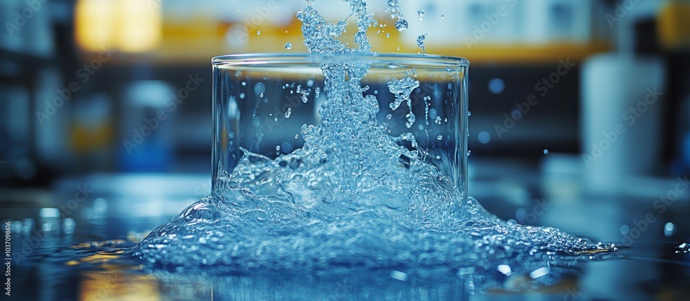 Poster a glass overflowing with water, creating splashes and ripples in a laboratory setting.