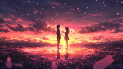 Fototapeta premium An emotional anime scene of two characters reuniting after a long journey, tears of joy in their eyes, set against a vibrant sunset with sakura petals floating in the air.